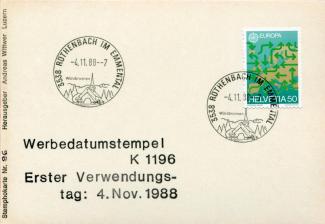 Ansichtskarte «Werbedatumstempel K 1196. Erster Verwendungstag: 4. Nov. 1988» Stemphokarte Nr. 96; Herausgeber: Andreas Wittwer, Luzern (Rückseite)
